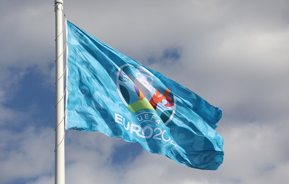 The Euro 2020 flag is raised over St. Petersburg